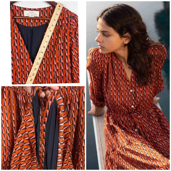 Trovata Birds of Paradis L Geometric Print Button Front Midi Dress Orange Long - Picture 8 of 11
